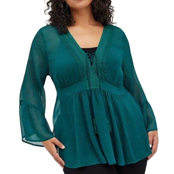 Torrid Babydoll Top 2X Green Boho Chiffon Crochet Tassel Retro Western Classic - Picture 1 of 15